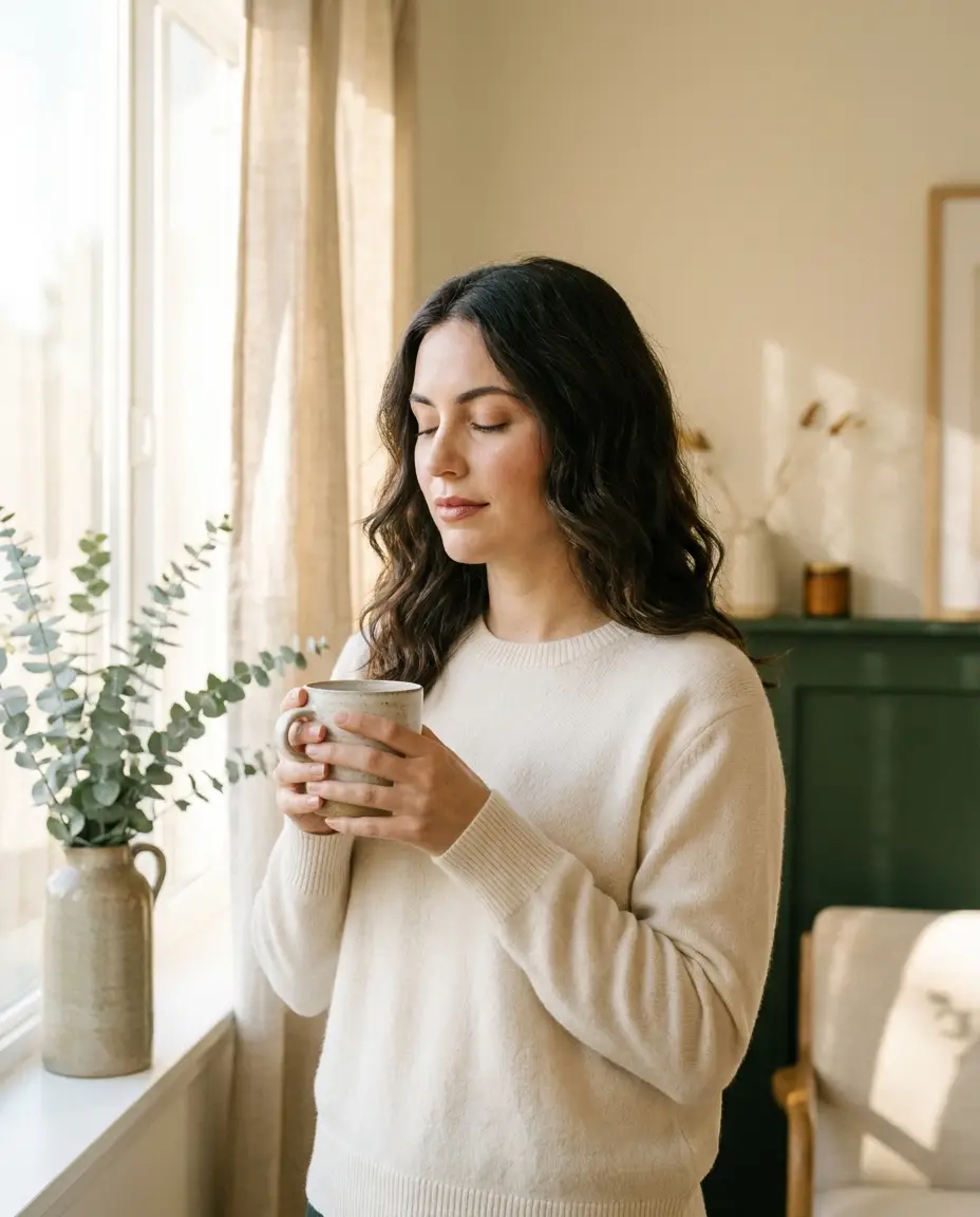 Mujer en luz natural matinal sosteniendo una taza de cerámica